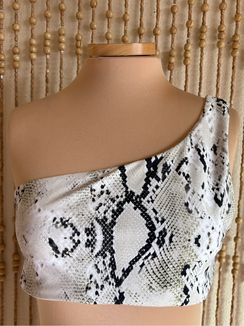 Skatie White Black Green Snake Animal One Shoulder Contemporary Basics Crop Tank